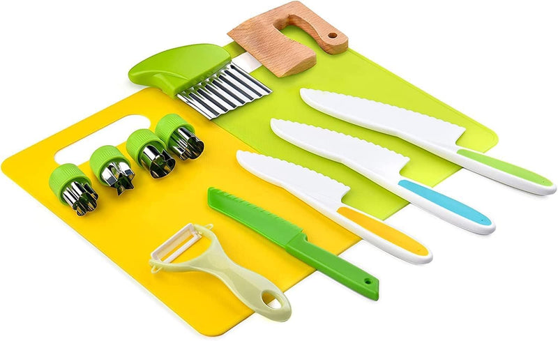 13 Pieces Kids Kitchen Knife Set-Kids Montessori Kitchen Set Cooking Sets Real-Toddler Safe Knife Set with Plastic, Toddler Safe Knife, Crinkle Cutter, Kids Cutting Board, Kids Birthday Gift