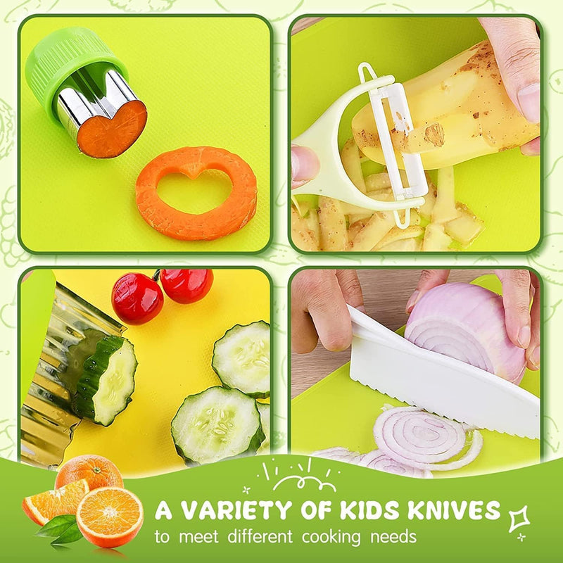 13 Pieces Kids Kitchen Knife Set-Kids Montessori Kitchen Set Cooking Sets Real-Toddler Safe Knife Set with Plastic, Toddler Safe Knife, Crinkle Cutter, Kids Cutting Board, Kids Birthday Gift