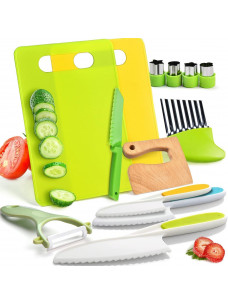 13 Pieces Kids Kitchen Knife Set-Kids Montessori Kitchen Set Cooking Sets Real-Toddler Safe Knife Set with Plastic, Toddler Safe Knife, Crinkle Cutter, Kids Cutting Board, Kids Birthday Gift